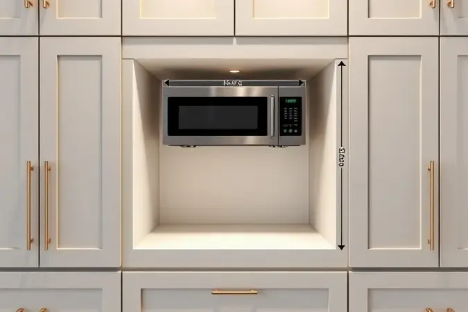 Render 3D mostrando nicho e proporções para instalação de micro-ondas de embutir em cozinha com medidas e espaço