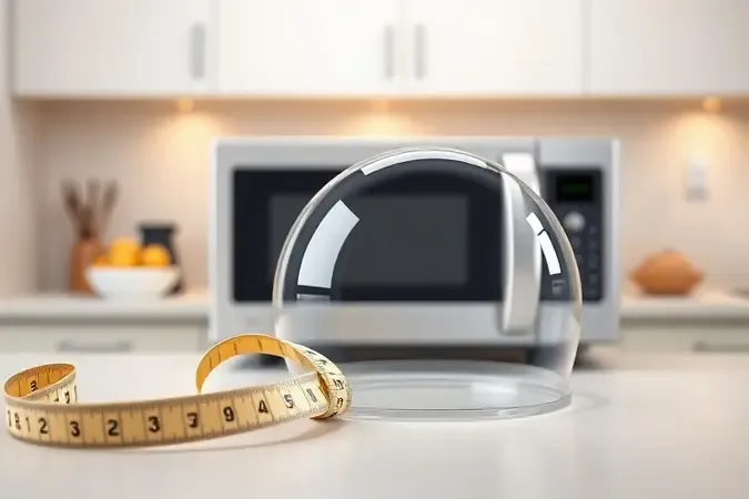Fita métrica ao lado de tampa de micro-ondas transparente simbolizando a importância de medir o diâmetro correto.
