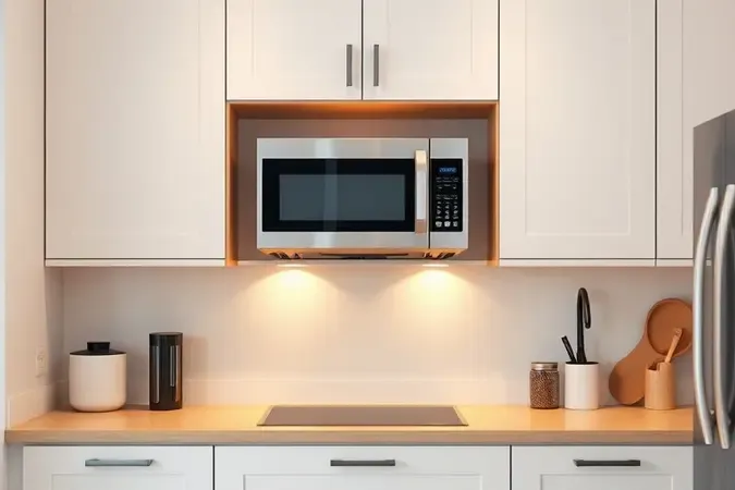 Micro-ondas instalado em altura ergonômica ideal em nicho dedicado de cozinha moderna.