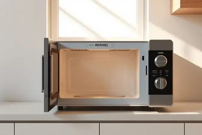 Render 3D de micro-ondas moderno sem marca em bancada de cozinha minimalista com iluminação natural suave.