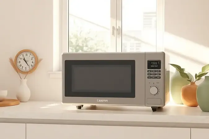 Renderização 3D de micro-ondas moderno e confiável em cozinha clean iluminada representando as melhores opções do mercado.