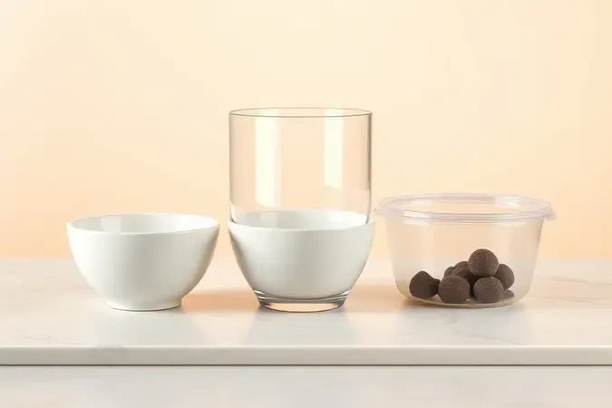 Visualização 3D de recipientes adequados para fazer brigadeiro no micro-ondas: vidro, cerâmica e plástico.