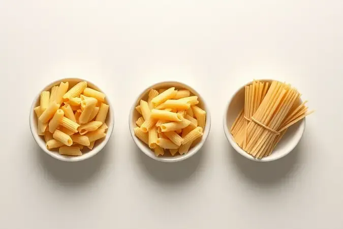 Três tipos de massas secas — penne, parafuso e espaguete — em tigelas minimalistas separadas sob iluminação suave.