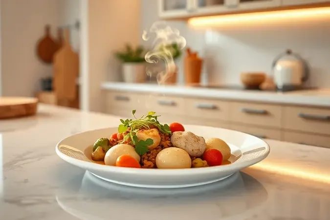 Prato gourmet artisticamente montado com vapor delicado em cozinha clean conceitual