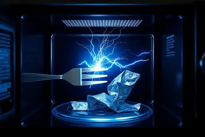 Render 3D conceitual de faíscas azuis geradas por garfo metálico e papel alumínio dentro da cavidade escura de um micro-ondas.