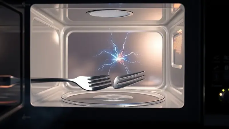 Representação do perigo de colocar metais e alumínio no micro-ondas com faíscas e arcos elétricos