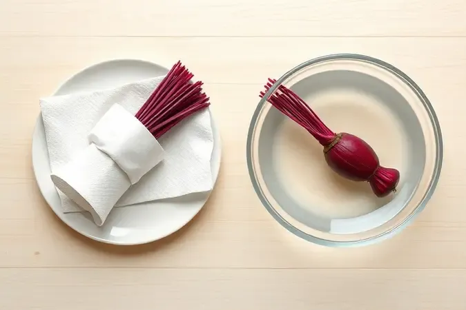 Dois métodos de cozinhar beterraba no micro-ondas, papel toalha e recipiente com água, comparados lado a lado.