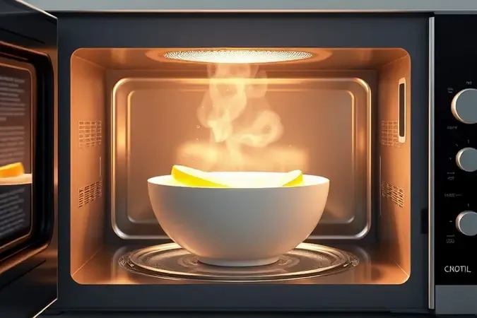 Render 3D conceitual de tigela com água e limão liberando vapor aromático dentro de um micro-ondas limpo e iluminado.