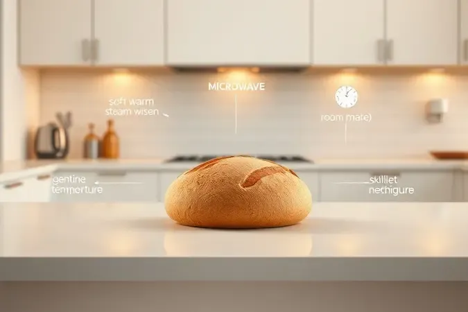 Renderização 3D conceitual com pão artesanal e elementos abstratos representando cinco métodos de descongelamento para manter a crocância.