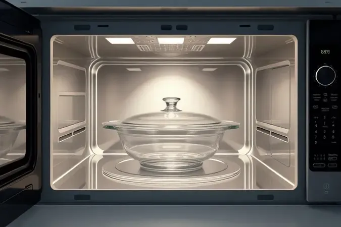 Visualização 3D do interior espaçoso de micro-ondas de 30 litros com refratário de vidro grande sobre o prato giratório.