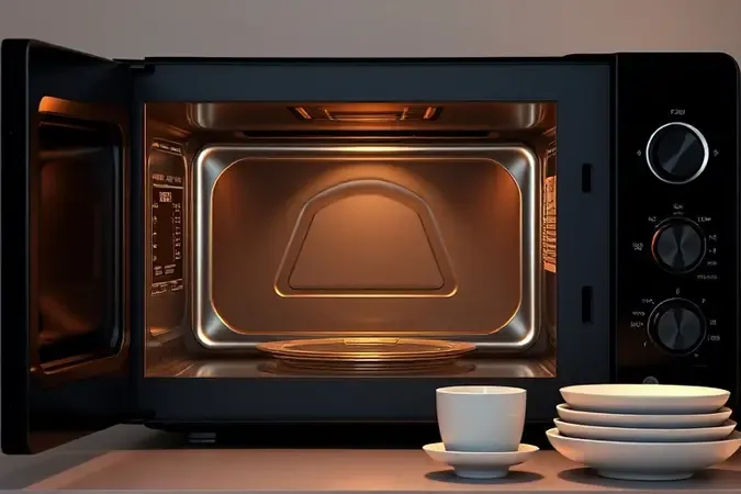 Renderização 3D de micro-ondas espaçoso de 35 litros com design moderno e pratos minimalistas ao redor.