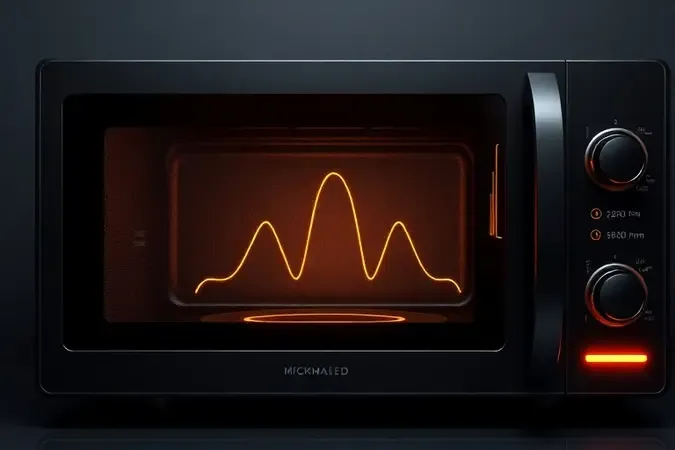 Renderização 3D conceitual de painel de micro-ondas com indicadores de potência elevada e ondas de energia douradas abstratas.