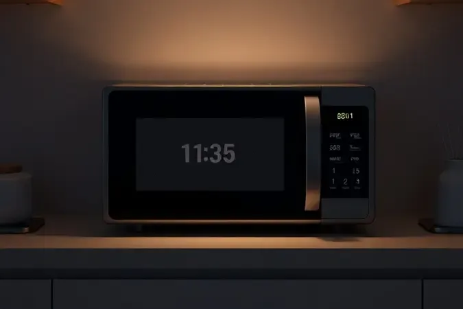 Cena conceitual de micro-ondas desligando inesperadamente durante o funcionamento com display apagando em cozinha moderna.