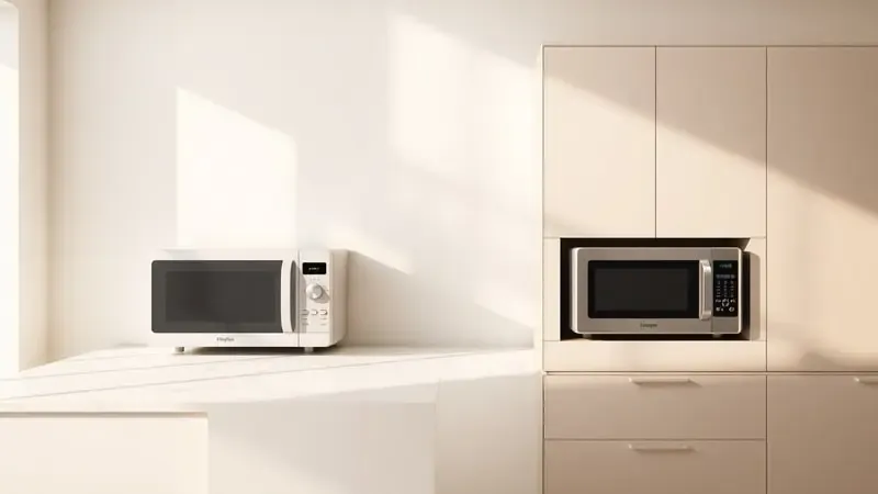 Comparação entre micro-ondas de bancada e de embutir em cozinha moderna com renderização 3D