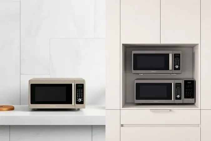 Render 3D comparando micro-ondas de bancada e de embutir lado a lado em cozinha moderna e minimalista.