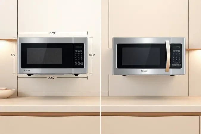 Comparação entre micro-ondas de bancada e de embutir mostrando diferenças nas dimensões e tipo de instalação.
