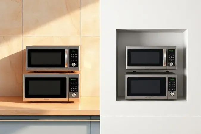 Renderização 3D comparando micro-ondas de bancada sobre superfície de mármore e modelo de embutir instalado em nicho de parede minimalista.