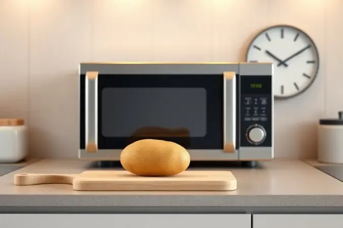Cozinha moderna com micro-ondas e batata sobre tábua de madeira, representando rapidez e praticidade no preparo diário.