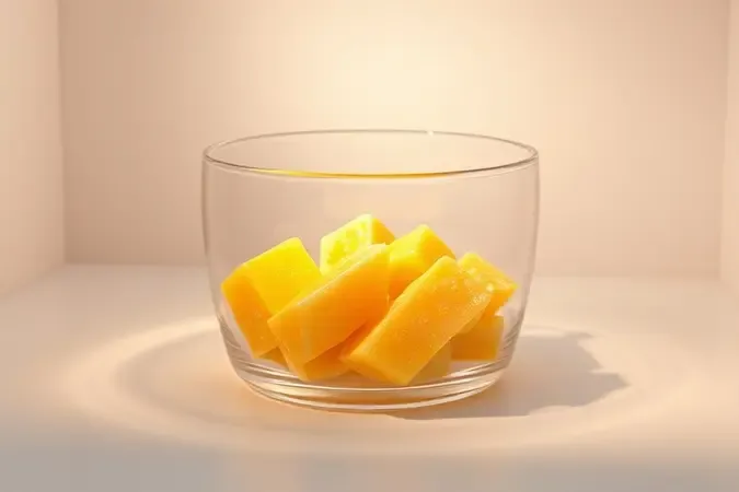 Recipiente de vidro para micro-ondas com pedaços de cera de abelha crua prontos para aquecimento seguro.