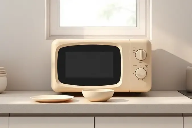 Render 3D conceitual de micro-ondas compacto de 20 a 25 litros sobre bancada minimalista, com prato e tigela ao lado indicando escala.