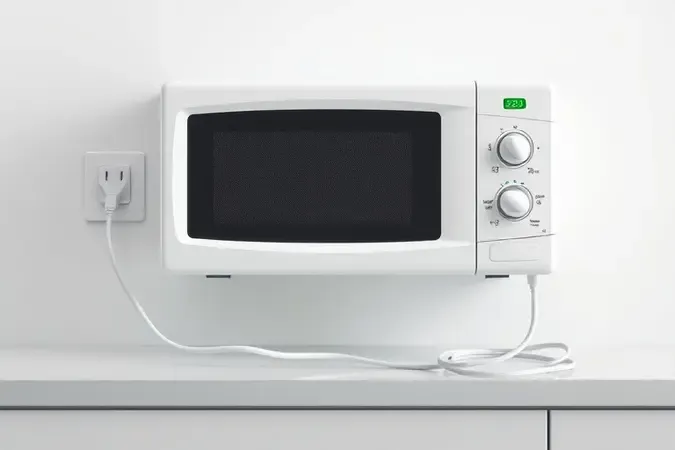 Render 3D de micro-ondas com cabo de força desconectado da tomada representando segurança e precaução doméstica
