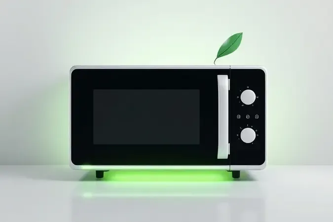 Renderização 3D conceitual de micro-ondas com detalhes verdes luminosos simbolizando eficiência energética e sustentabilidade.