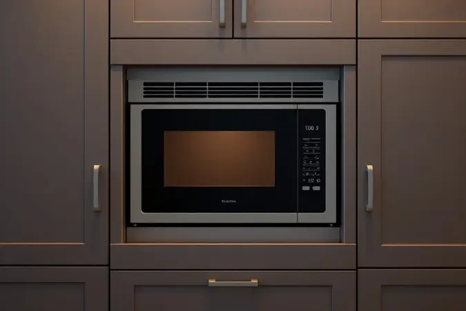 Ilustração 3D conceitual de micro-ondas de embutir integrado harmonicamente em armário de cozinha planejada contemporânea
