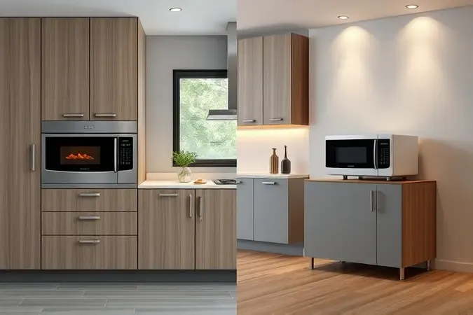 Comparação visual entre micro-ondas de embutir integrado em armário e modelo de bancada sobre apoio.