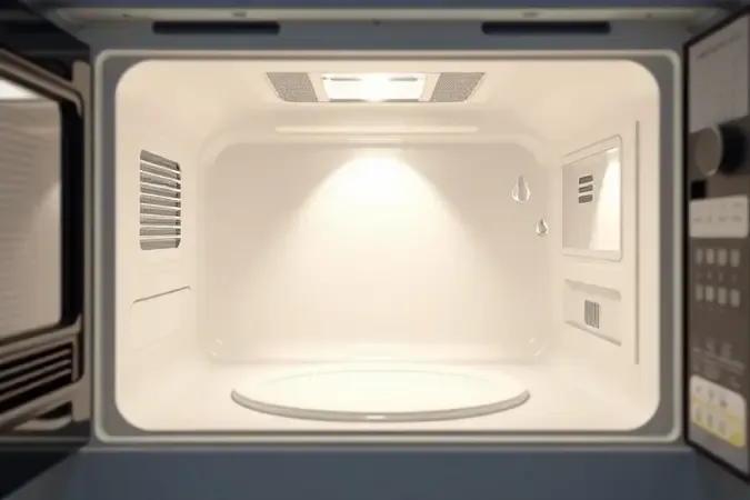 Interior de micro-ondas conceitual com superfícies lisas e imaculadas representando facilidade de limpeza e durabilidade.