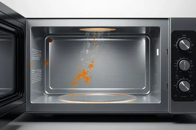 Visualização conceitual do interior de micro-ondas com vapor e umidade formando manchas de ferrugem na superfície metálica.