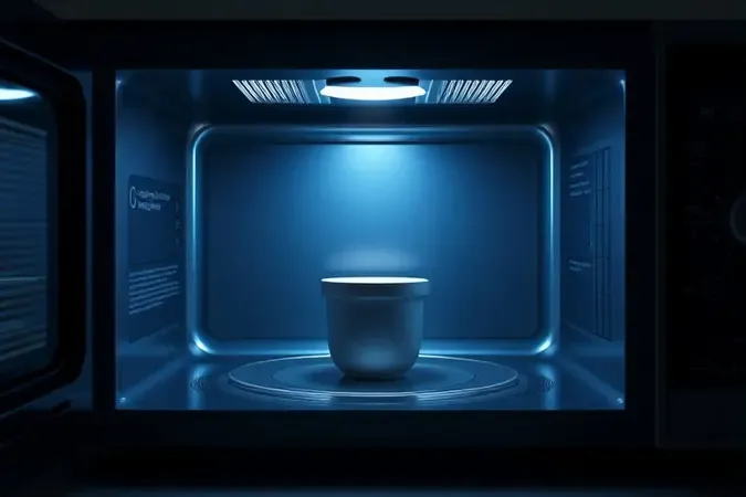 Interior de micro-ondas com iluminação fraca e ondas de energia reduzidas, representando baixa potência e aquecimento ineficiente.