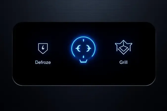 Renderização 3D de painel de controle de micro-ondas com ícones geométricos minimalistas iluminados representando funções extras.