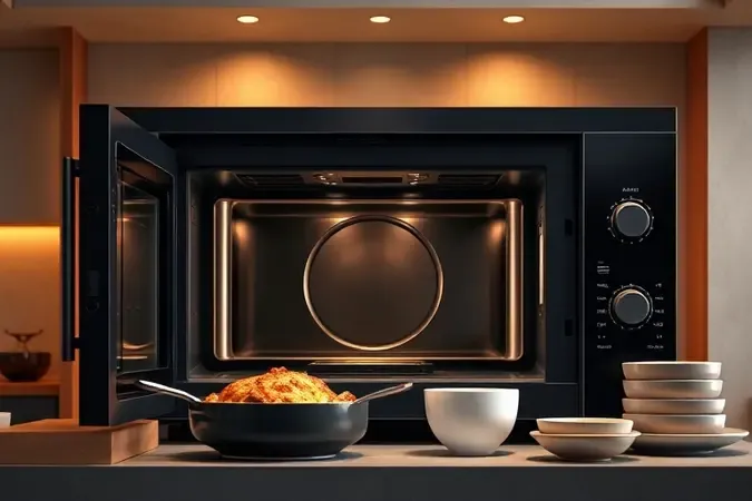 Render 3D de micro-ondas grande capacidade 40 litros com pratos grandes e tigelas, destacando dimensões generosas.