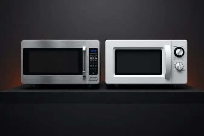 Comparação visual lado a lado entre micro-ondas de inox escovado e branco fosco em renderização 3D conceitual sobre durabilidade.