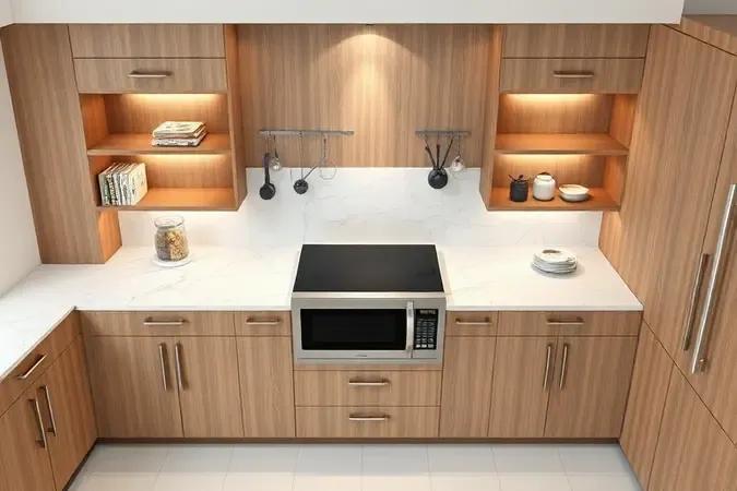 Vista superior conceitual de cozinha moderna com micro-ondas integrado ao design, destacando a importância estratégica do eletrodoméstico no layout.