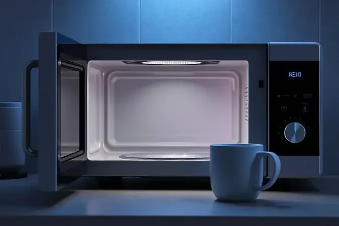 Renderização 3D de micro-ondas ligado com interior iluminado mas sem aquecer, representando defeito de aquecimento do eletrodoméstico.