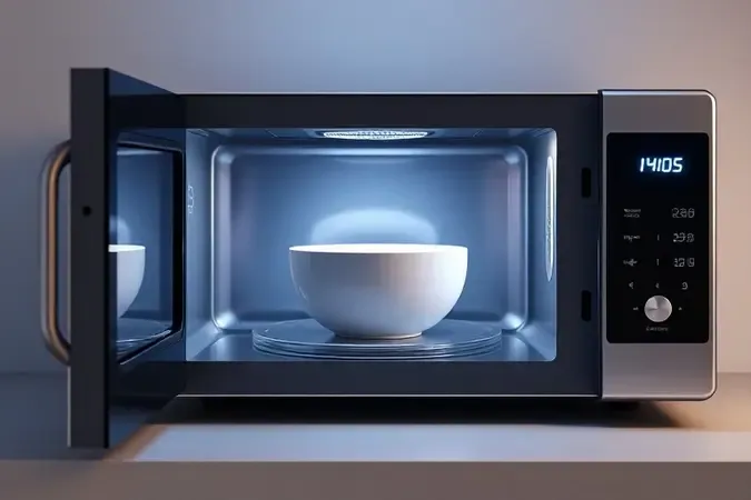 Interior de micro-ondas aceso com alimento frio sobre prato giratório, ilustrando problema de aquecimento sem marcas visíveis.