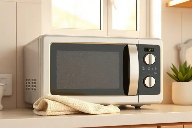 Micro-ondas limpo em cozinha moderna com pano de microfibra ao lado representando cuidados de manutenção preventiva.