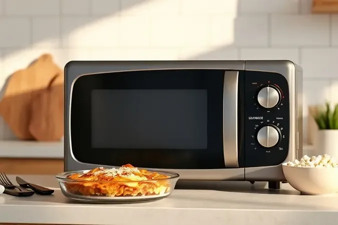 Render 3D de micro-ondas tamanho médio 28 a 32 litros com travessa de lasanha e tigela, ideal para famílias.