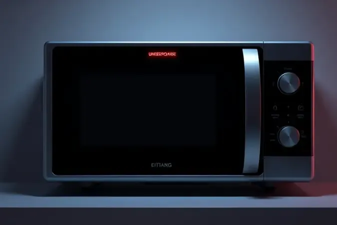 Micro-ondas moderno com painel escuro e luz de alerta sutil representando falha no reset do aparelho.