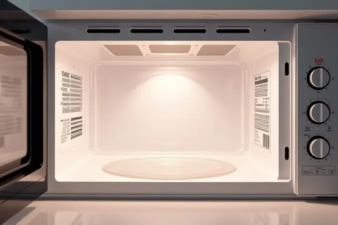 Interior de micro-ondas totalmente restaurado com revestimento protetor brilhante e elementos visuais de prevenção contra ferrugem.
