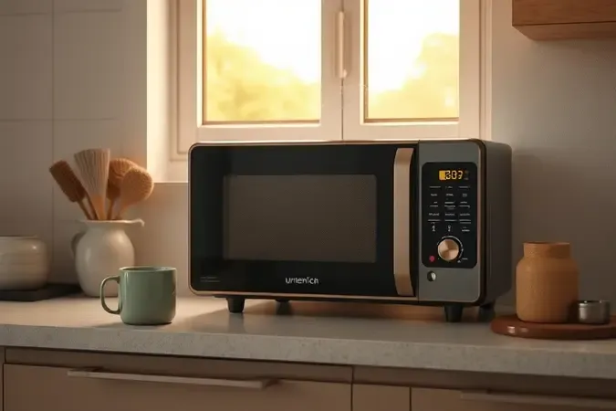 Cena de cozinha moderna com micro-ondas silencioso e ondas acústicas suaves representando baixo ruído