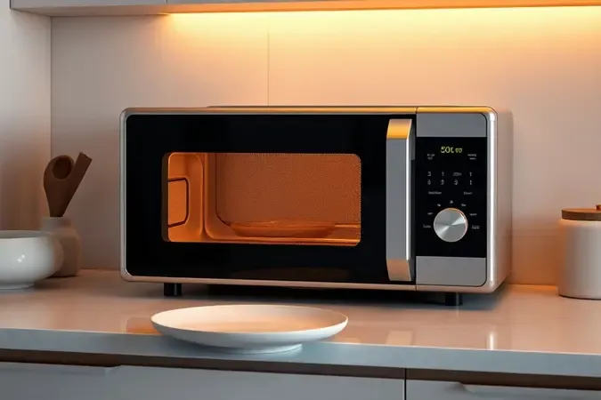 Renderização 3D conceitual de micro-ondas moderno em bancada minimalista iluminada por luz ambiente quente representando praticidade na cozinha.