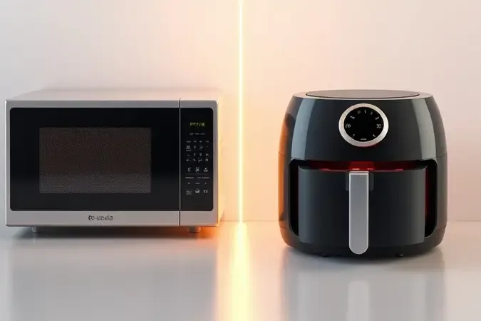 Comparação conceitual lado a lado entre micro-ondas e air fryer em renderização 3D equilibrada