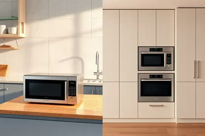 Render 3D comparando micro-ondas de bancada e de embutir em cozinhas modernas e minimalistas.