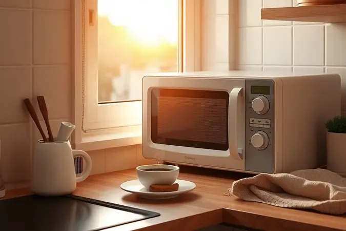 Cozinha aconchegante com microondas branco integrado ao cotidiano, café e torradas em render 3D conceitual.