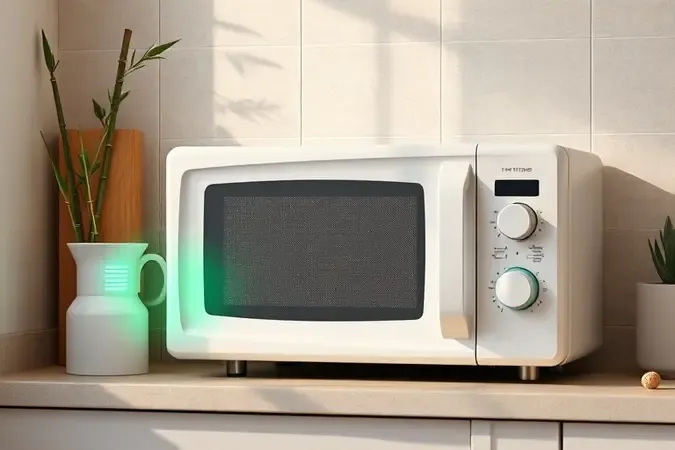 Microondas eficiente com indicador de consumo de energia em render 3D conceitual com elementos ecológicos.