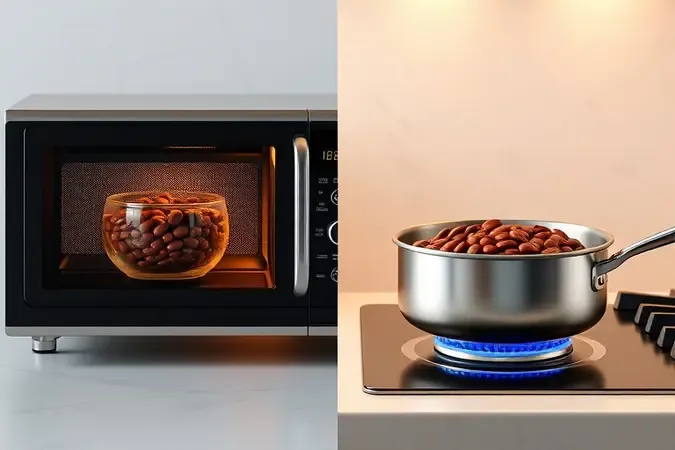 Comparação lado a lado entre micro-ondas e panela no fogão para reaquecer feijão congelado, destacando os dois métodos.