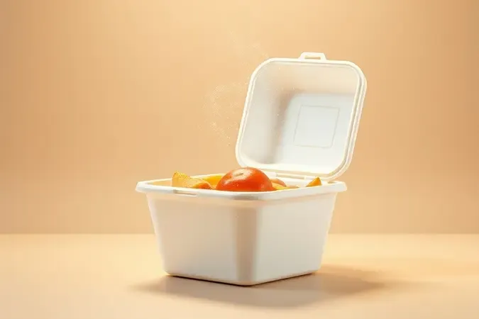 Representação conceitual da migração de partículas químicas de estireno de um recipiente de isopor para alimentos aquecidos.