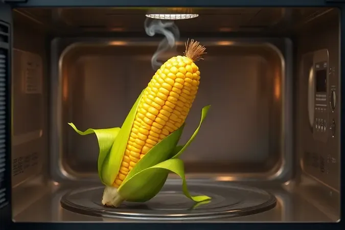 Milho envolto na palha verde cozinhando dentro do micro-ondas com vapor visível, renderização 3D profissional.